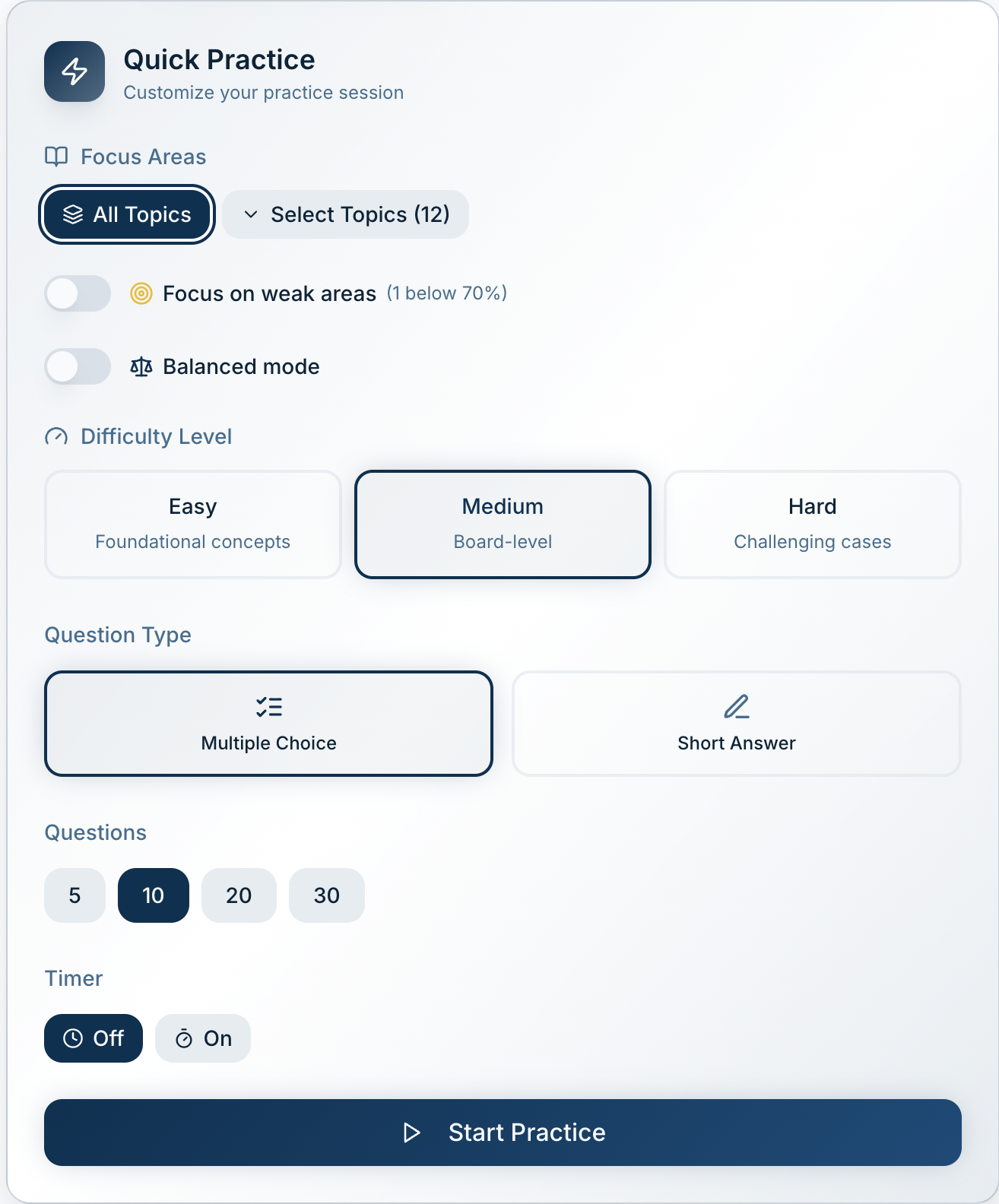 Quick practice interface showing customizable study options with balanced mode